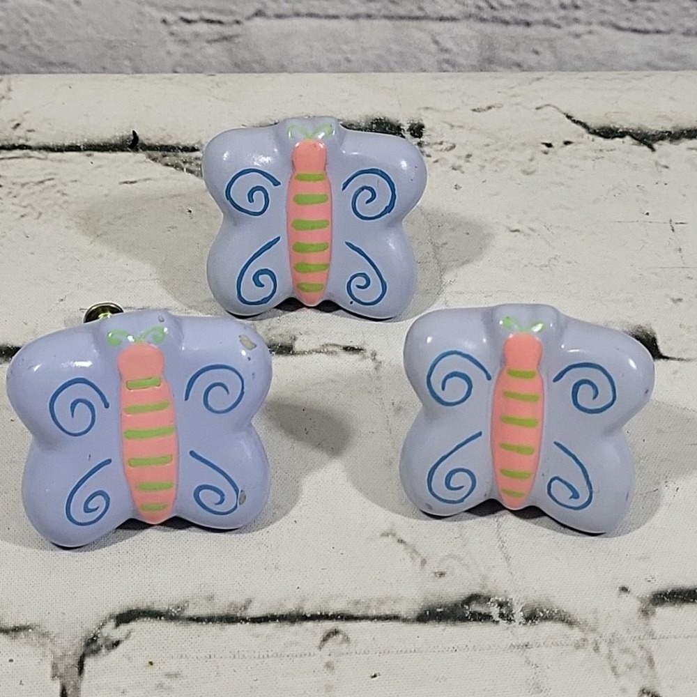 Handpainted Butterfly Drawer Pulls Knob Handles Purple Resin Lot Of 3